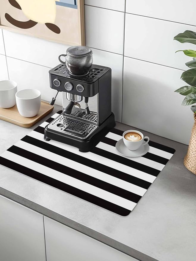 Black and White Stripes Coffee Mat Classic Geometric Absorbent Bar Mat - Image 2