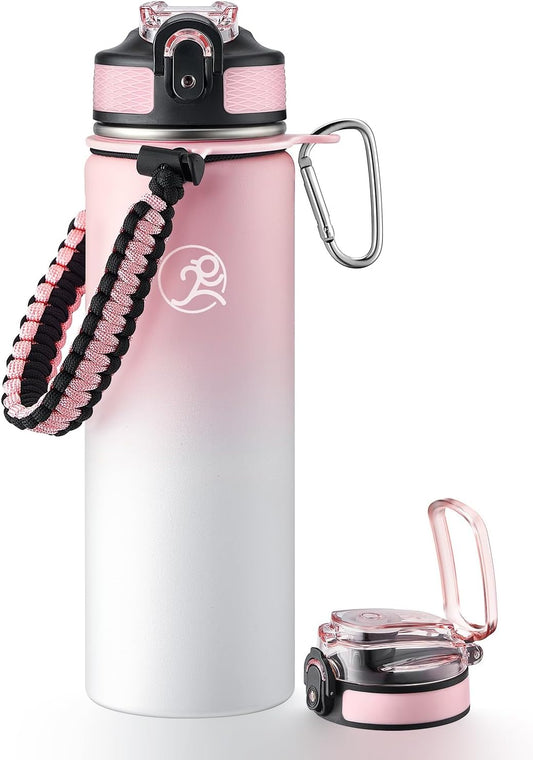 GOSWAG Insulated Sports Water Bottle, 24oz 2 Lids(with Straw/No Straw), Stainless Steel Water Bottles with Paracord Handle, Insulated Bottle with Double-Wall Vacuum Insulation