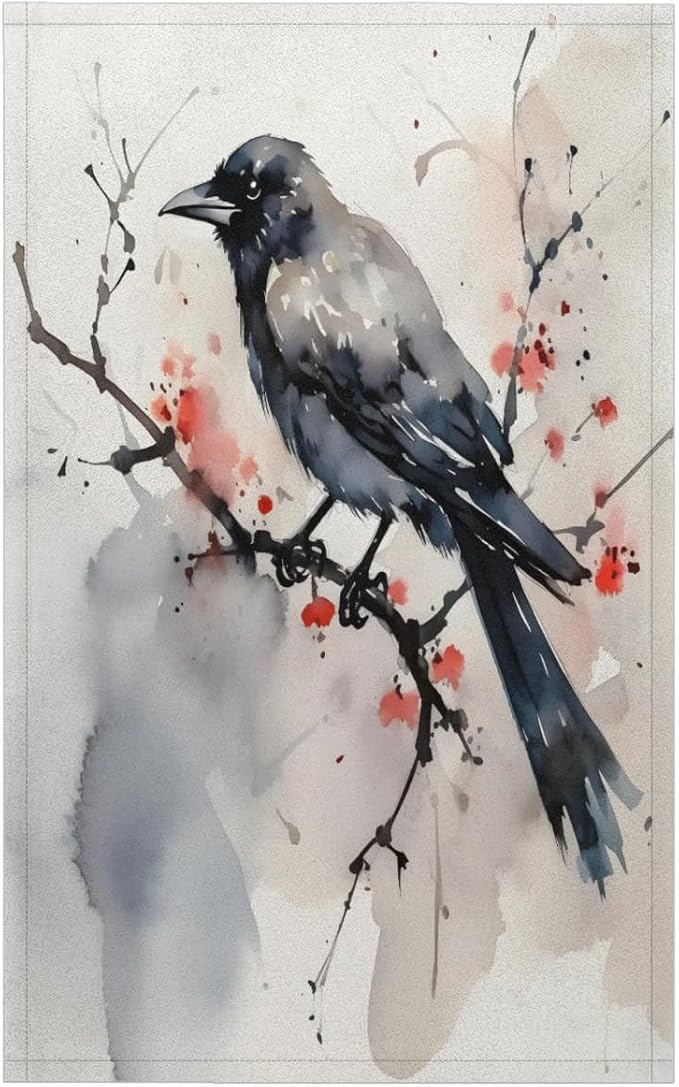 Watercolor Crow Flower Kitchen Towels Set of 2 Absorbent Drying Dish Towels by Unknown