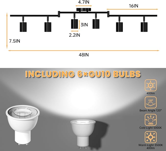 LED 6 Light Track Lighting Kit, 3 Color Adjustable Ceiling Spot Lighting - Image 5