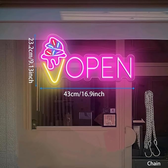 LED Neon Open Sign with Ice Cream Cone Design, USB Powered, Wall Hanging - Image 3