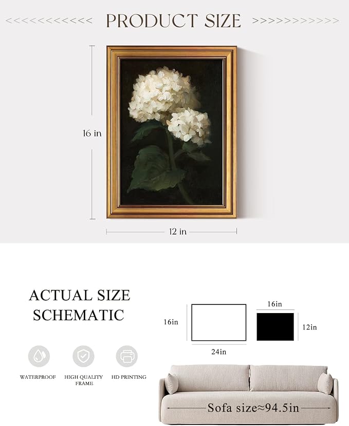 ARPEOTCY Gold Framed Canvas Wall Art, 12x16 Inch Two White Hydrangea Vintage - Image 5