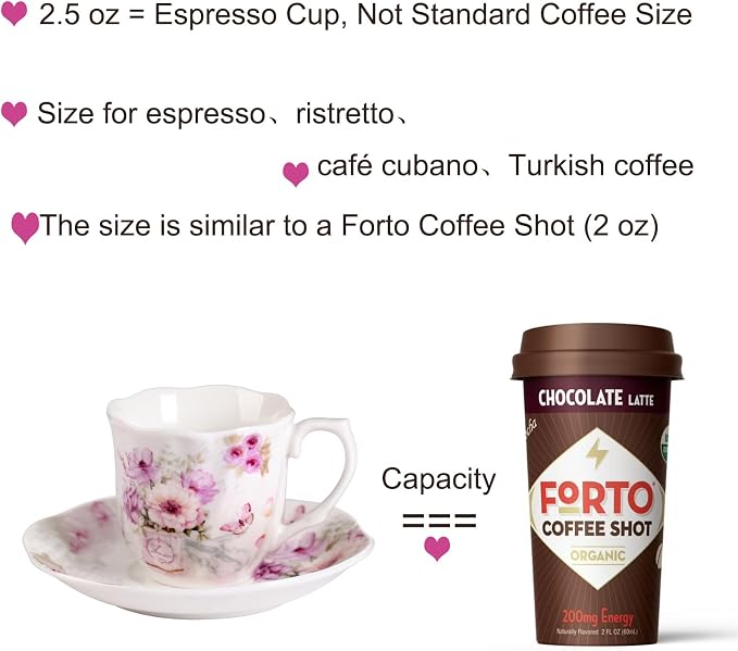 GuangYang 2.5 oz Porcelain Espresso Cups and Saucers Set – Floral Design - Image 3