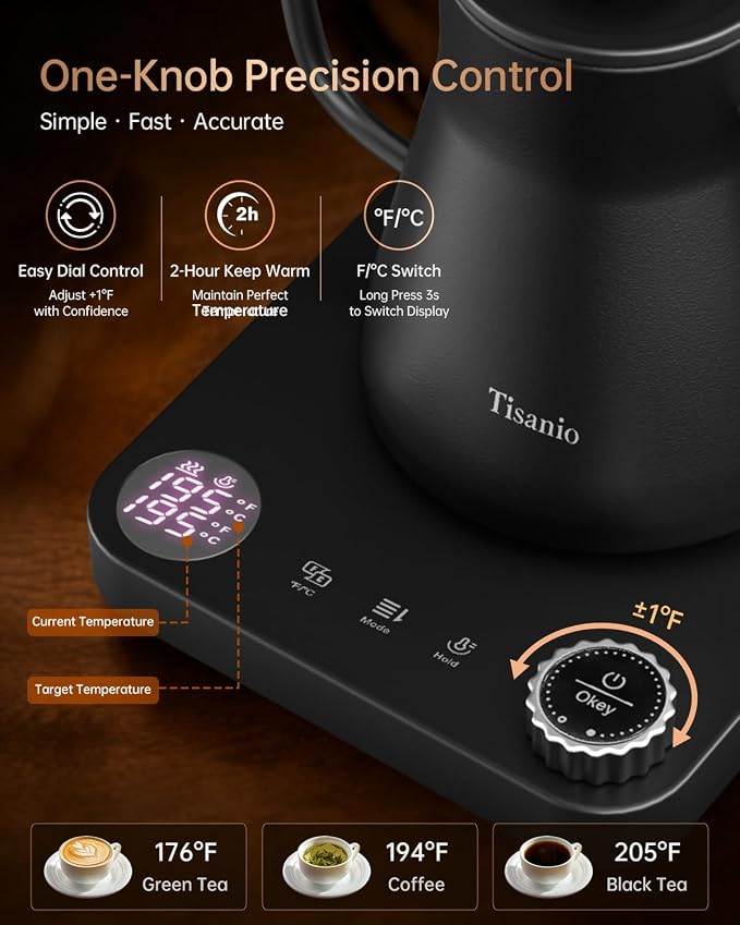 Gooseneck Electric Kettle for Pour Over Coffee, ±1°F Precision Control - Image 4