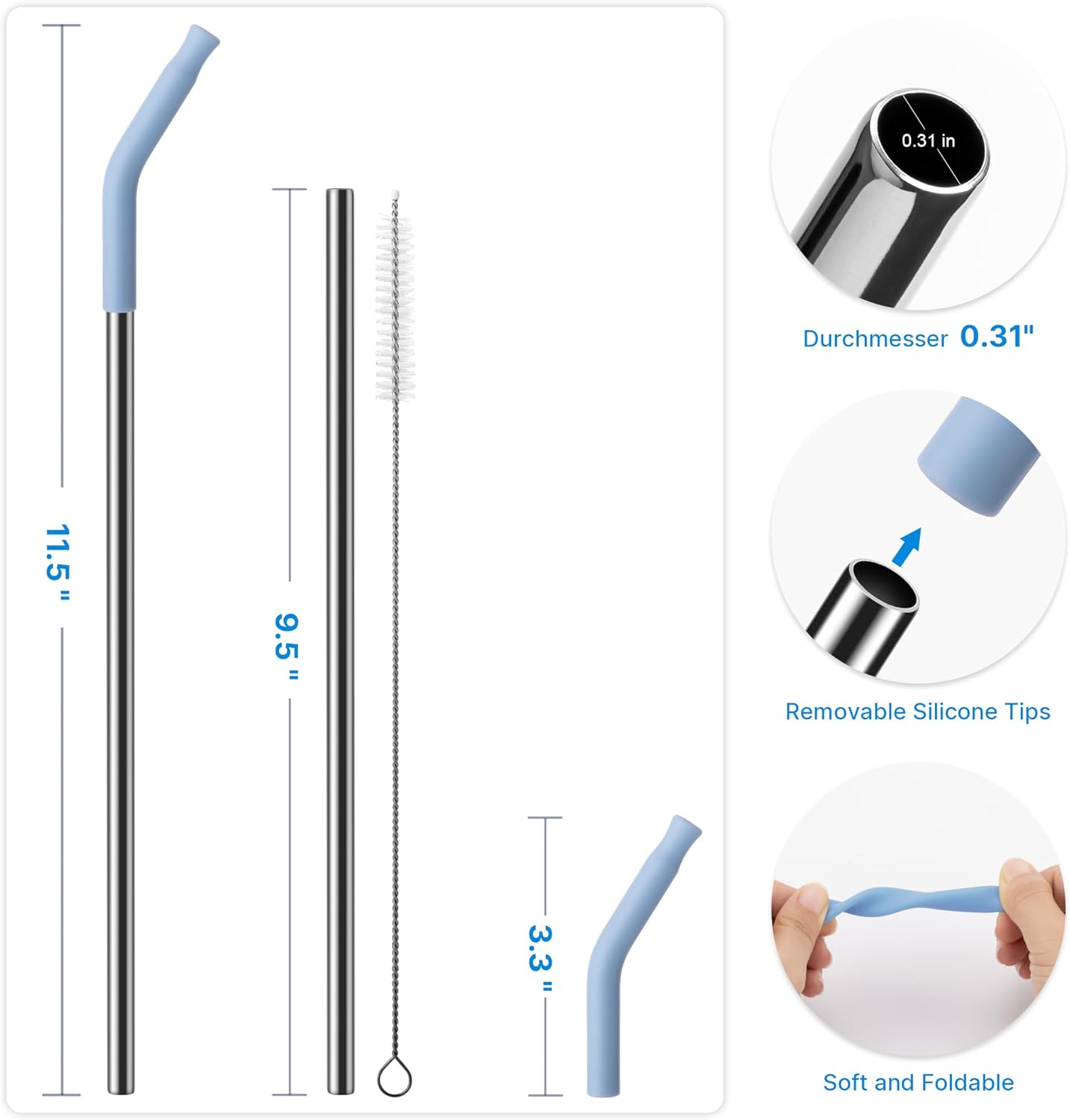 Metal Straw with Silicone Tip for 30oz Stanley Cup, 2 Pcs Stainless Steel Straws Replacement for Stanley 30 oz Adventure Quencher Travel Tumbler Cup, 1 Straw Brush (Light Blue)