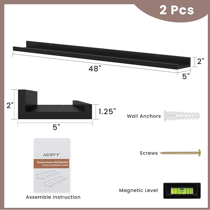 Acovy Long Floating Shelves for Wall, 48 inch Solid Wood Picture Ledge Shelf - Image 3