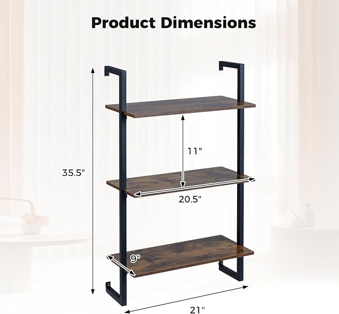 Giantex 3-Tier Wall-Mounted Bookshelf, Industrial Floating Storage Display - Image 3