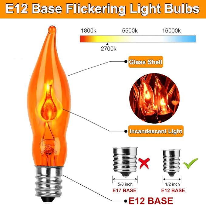 Couah Halloween Flickering Flame String Lights Orange, 10Ft C18 Flicker Flame - Image 3