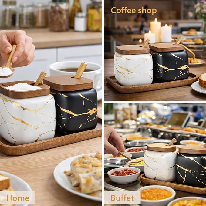 2 Sets of Marble Ceramic Sugar Bowl Ceramic Seasoning Jars - Image 3
