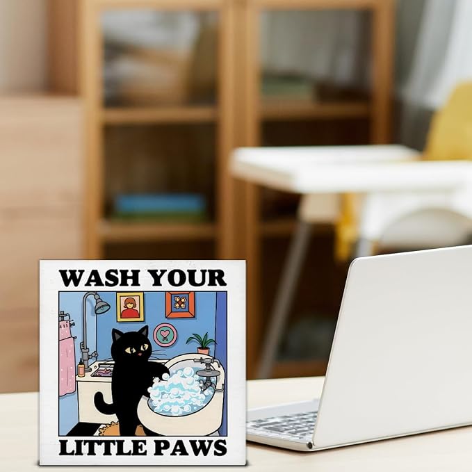 Funny Bathroom Decor Wash Your Little Paw Cute Black Cat Wood Block Sign Decor - Image 4