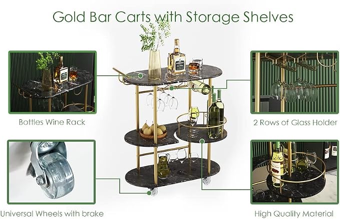 Black Bar Carts with 4-Tier Storage Shelves, Mobile Bar Serving Cart with Wine - Image 7