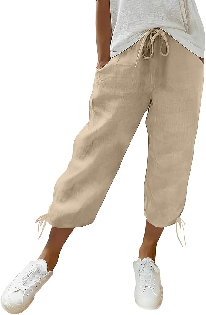 Linen Capri Pants for Women Drawstring Elastic Wide Leg Trouser 2026 Summer by Unknown