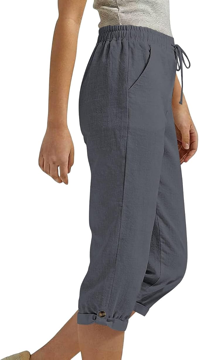 Drawstring Capri Linen Pants Women Elastic Waist Straight Leg Pant Summer Beach - Image 5