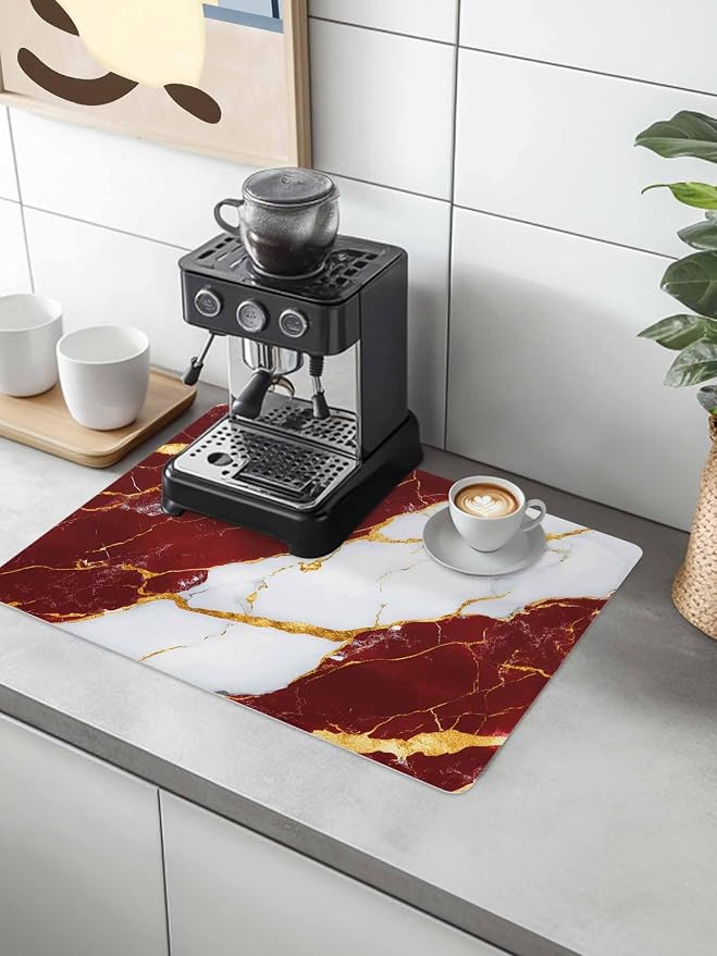 Red Marble Coffee Mat Gold Foil Modern Abstract Minimalist Art Absorbent Bar Mat - Image 2