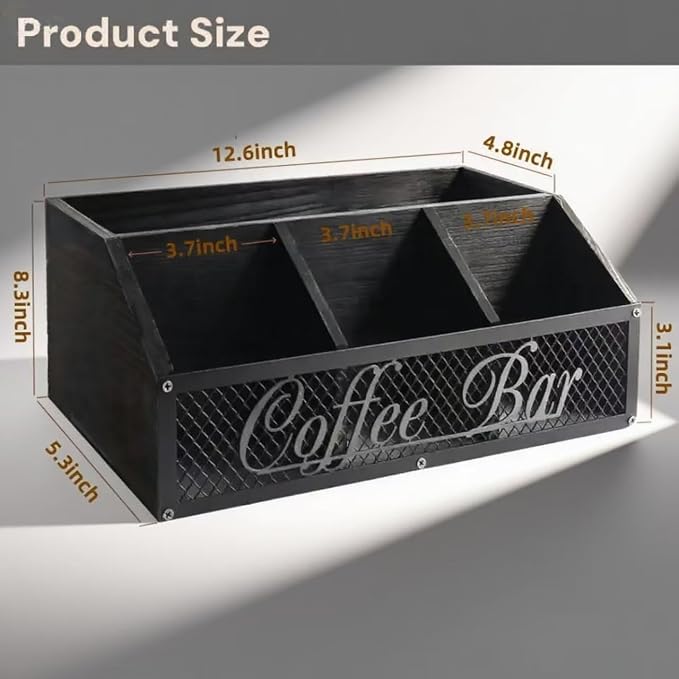 Coffee Station Organizer, Rustic Farmhouse Wood Condiment Storage Basket - Image 2