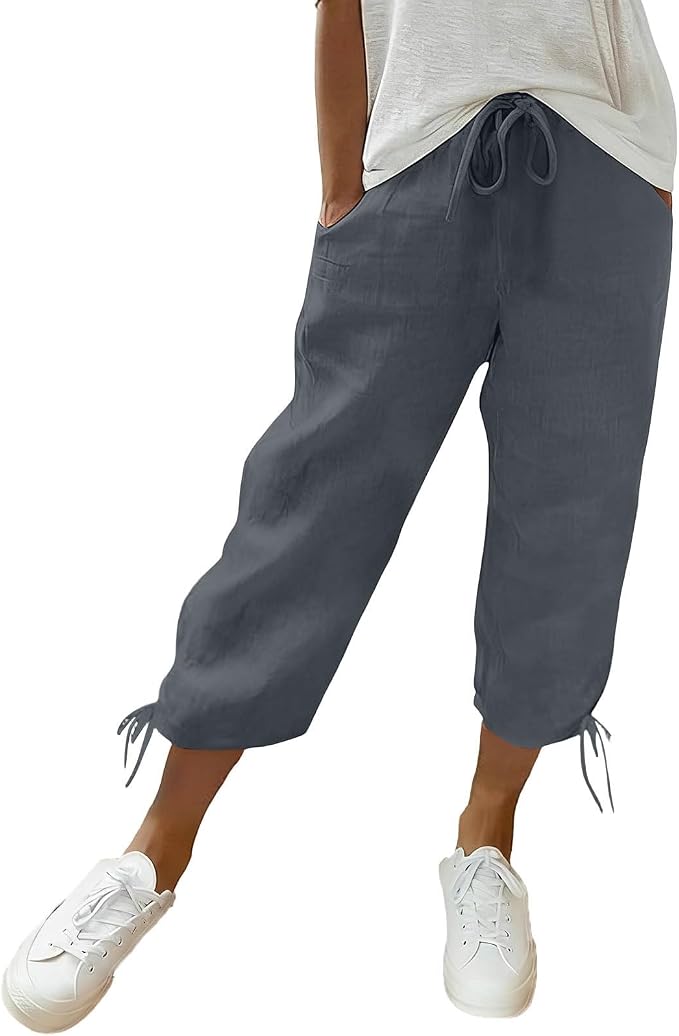 Linen Capri Pants for Women Drawstring Elastic Wide Leg Trouser 2026 Summer by Unknown