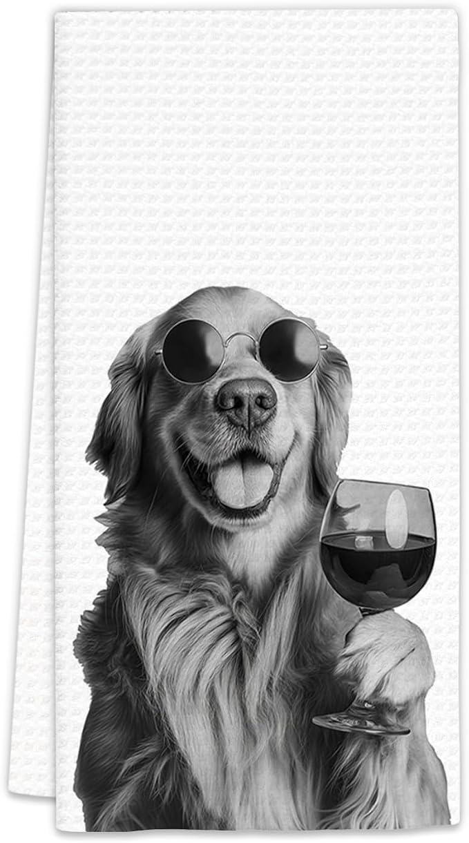 Golden Retriever Gifts Wine Kitchen Towels, Gifts by FIicy