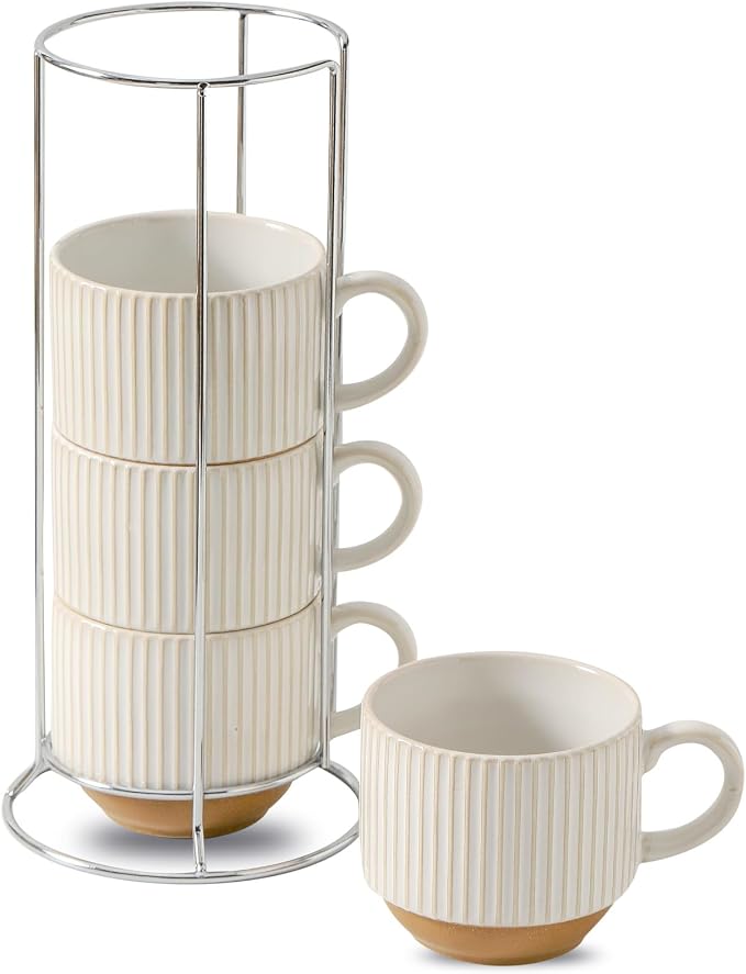 Ceramic Coffee Mugs with Stand, 15 Oz Stackable Coffee Cups Set of 4 by Tikooere