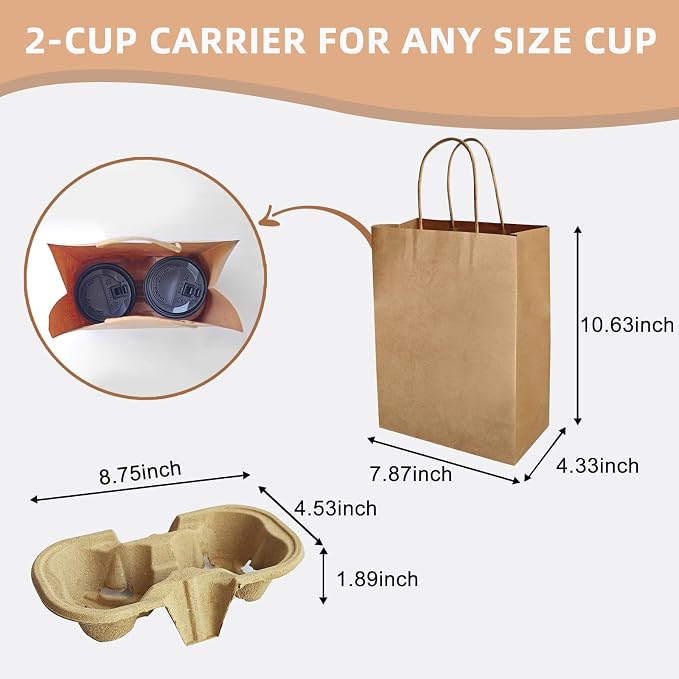 Take-Out Paper Bags And Two Drink Paper Trays 40 Pack, Two Cup Carrier Tray - Image 2