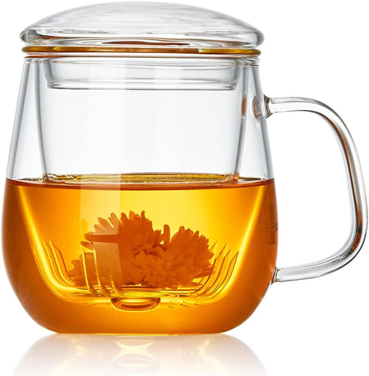 Glass Tea Cup with Infuser and Lid, 17.6oz/520ml Large Borosilicate Teacup,Tea Glass, Clear Mug for Loose Leaf Tea, Blooming Tea, Microwave & Dishwasher Safe - Tea Maker Gift for Birthday