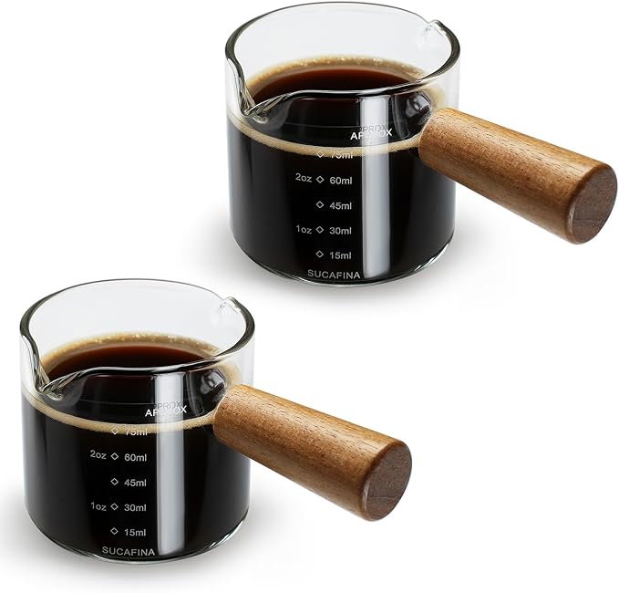 2 Pack Espresso Cups with Wood Handle, 75ML Double Spout Glass Measuring Cup by FUNGLIJIE