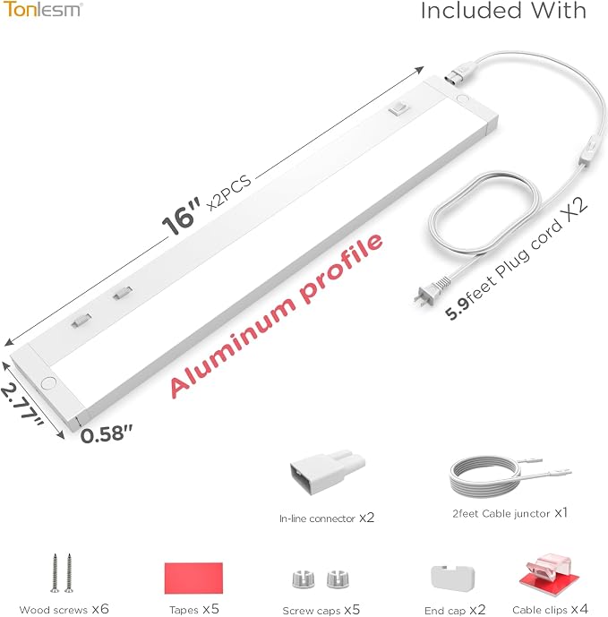 Tonlesm16 Inch Under Cabinet Lighting Plug in, 9W 120V 3 Color 3000K/4000K/5000K - Image 9