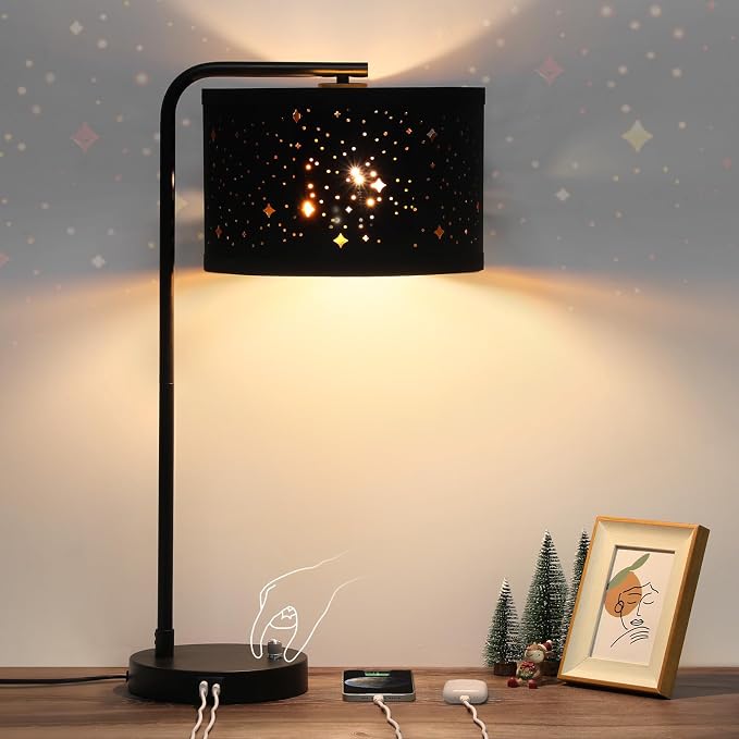 Bedside Table Lamp with USB C+A Ports, Fully Dimmable Modern Nightstand Side by Seasidevillage