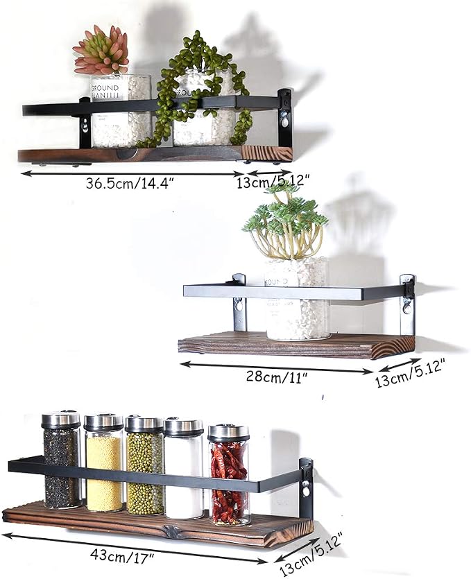 PHUNAYA Floating Shelves Rustic Wood Wall Mounted Shelf Practical Metal Fence - Image 3