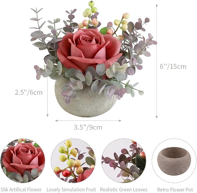 Small Artificial Pink Rose Potted Plant, Mini Faux Floral Arrangement - Image 3