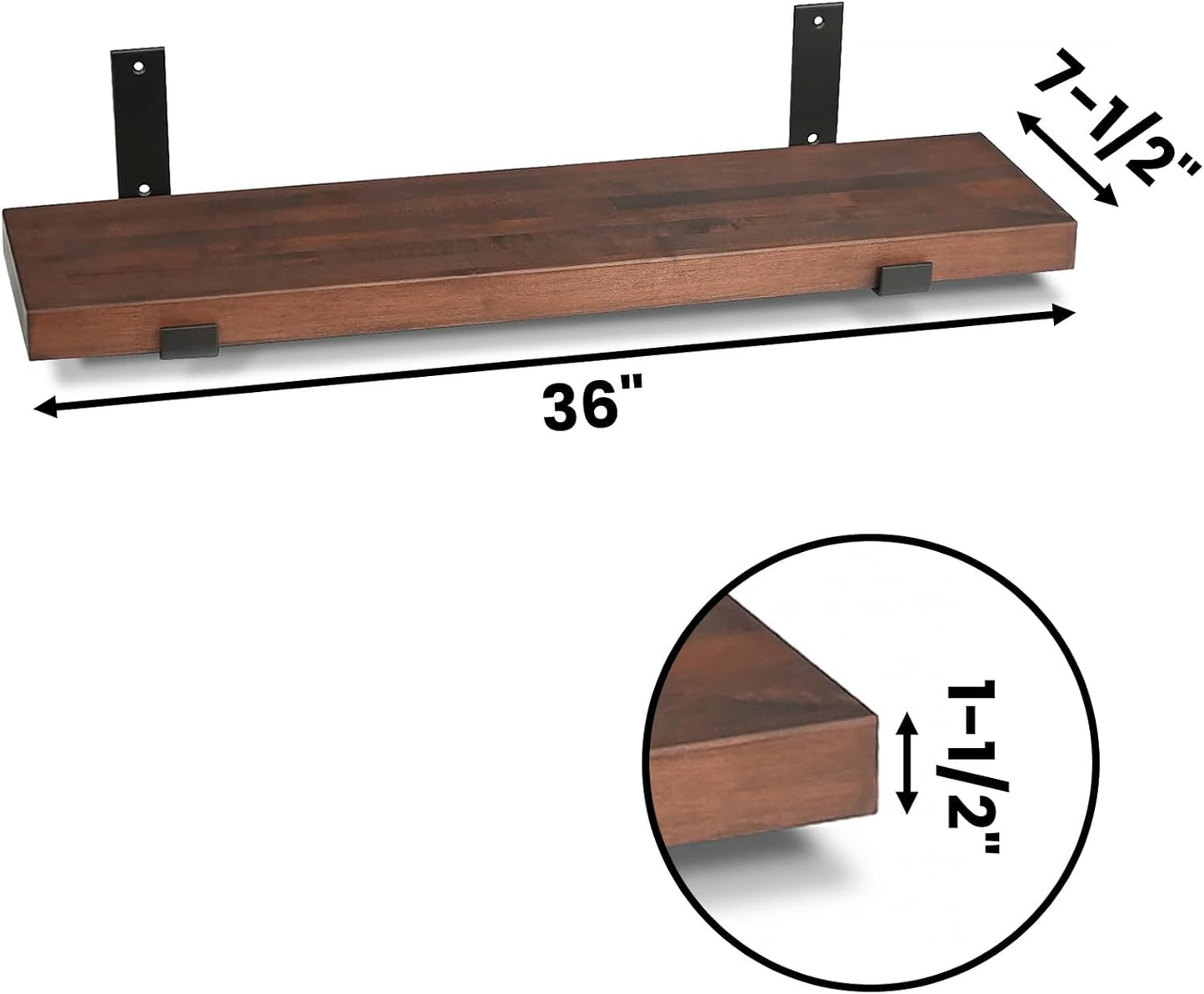 CONSDAN Floating Shelves for Wall Mounted Book Shelf Hanging Shelves Floating Bookshelf for Bedroom, Bathroom, Living Room, Kitchen USA Grown Solid Hardwood, Dark Maple 36x7.5x1.5 in (Set of 2)