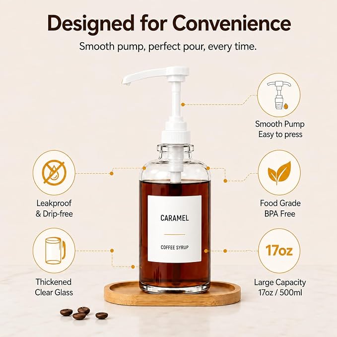 Coffee Syrup Dispenser for Coffee Bar, Glass Syrup Bottle - Image 4