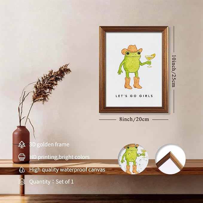Gold Framed Funny Kitchen Wall Art 08x10 inch Cute Frog Cowboy Quotes Poster - Image 2