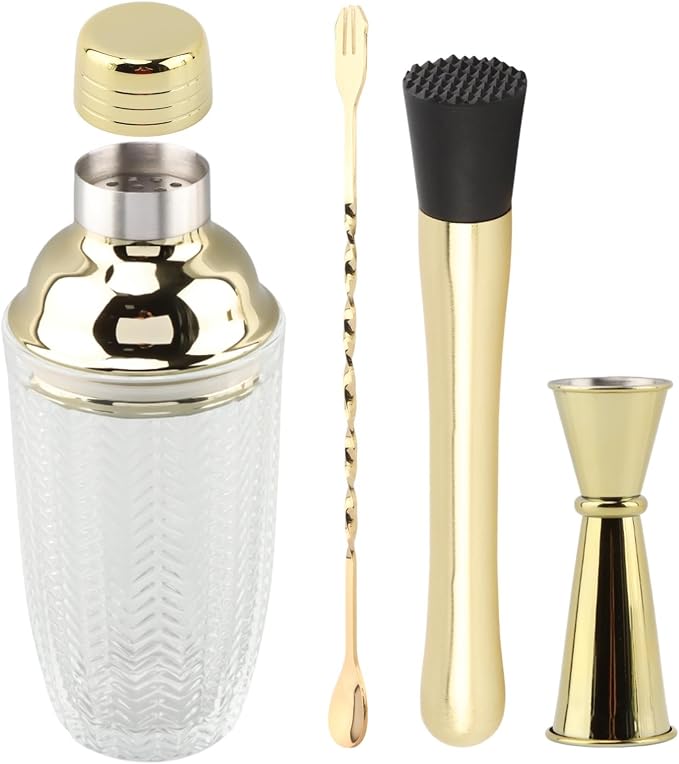 Gold Cocktail Shaker Set with Measuring Jigger, Mixing Spoon & Muddler – Home by Unknown