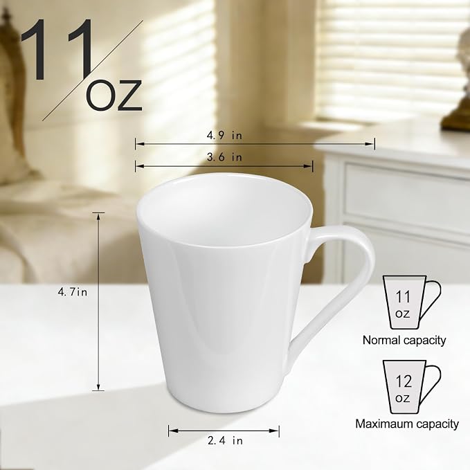 11 Oz Plain White Fine Bone China Coffee Mugs Set of 6, V-Shaped Latte Mug - Image 2