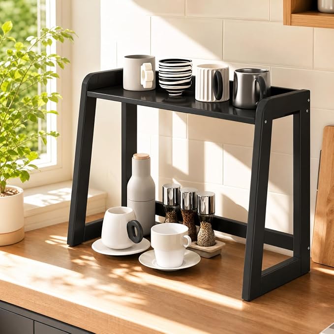 Natural Bamboo Coffee Station Organizer, 2-Tier Wooden Kitchen Counter Shelf - Image 2
