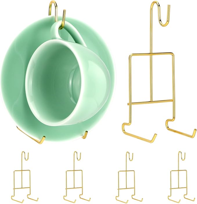 QWORK 6 Pack Gold Tea Cup and Saucer Display Stand Holder Rack by QWORK