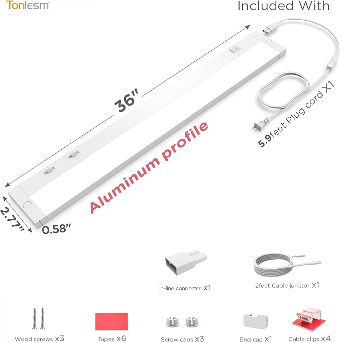 36 Inch Under Cabinet Lighting Plug in, 20W 120V 3 Color 3000K/4000K/5000K - Image 9