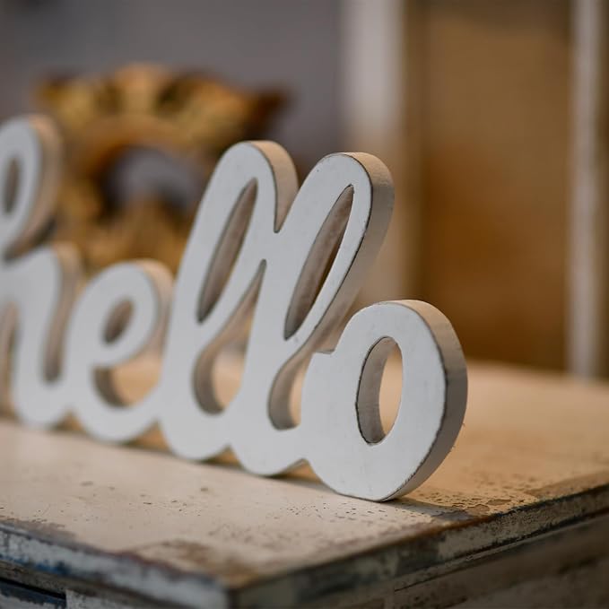 Rustic Distressed White Wooden Hello Sign - Image 3