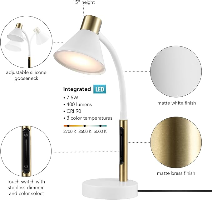 Globe Electric 62000035 15" LED Integrated Desk Lamp, Matte White, Brass Accent - Image 3