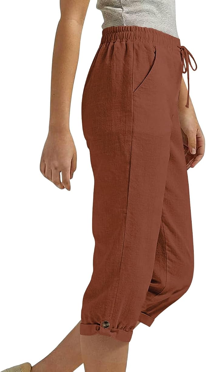 Drawstring Capri Linen Pants Women Elastic Waist Straight Leg Pant Summer Beach - Image 2
