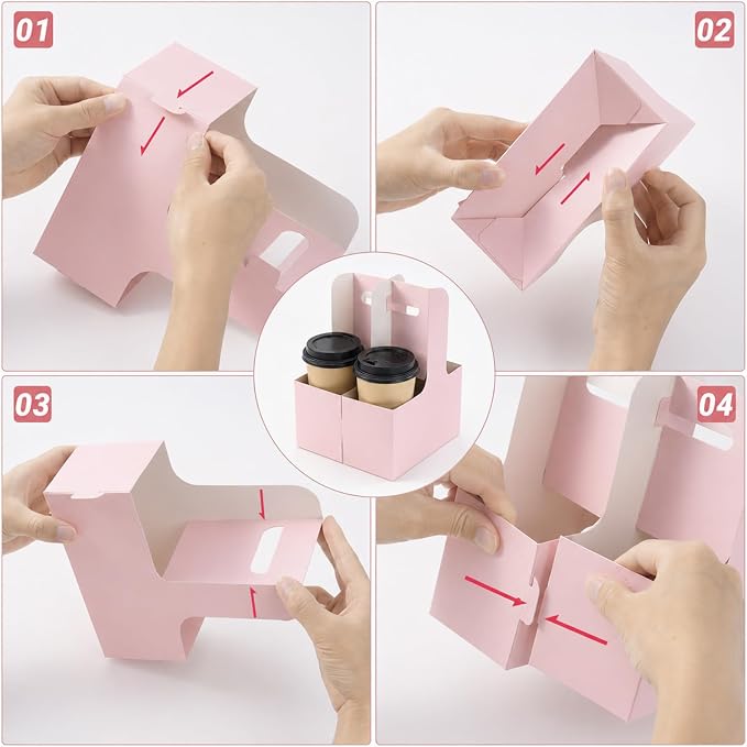 100 Pcs Pink 2 Cup Drink Carrier Disposable, Foldable Kraft Cardboard Cup - Image 4