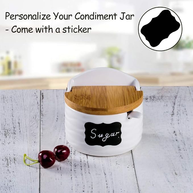 Ceramic Sugar Bowl with Bamboo Lids and Spoons Serving Tray, Porcelain Sugar - Image 3