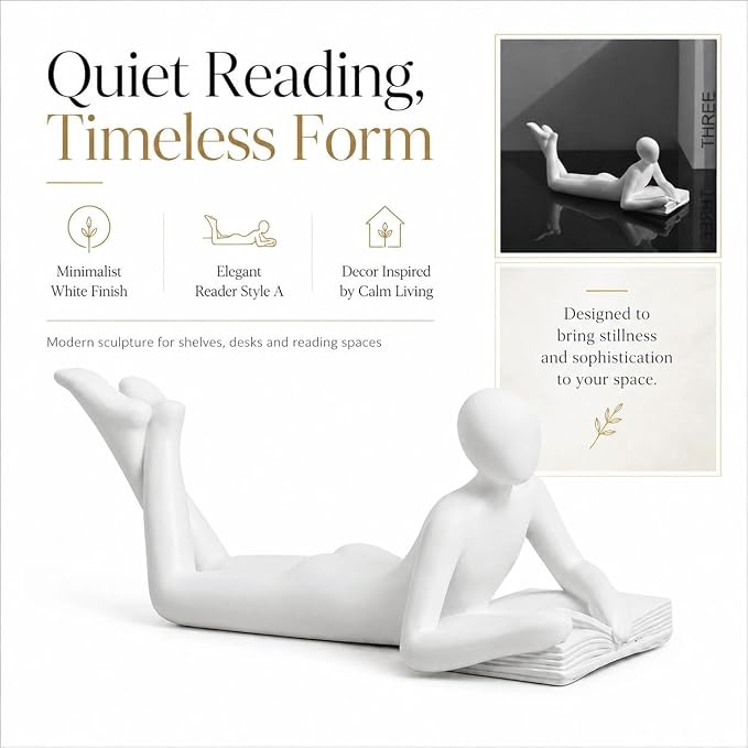 White Reading Statue Style A, Abstract Reader Figurine, Resin Book Decor - Image 7
