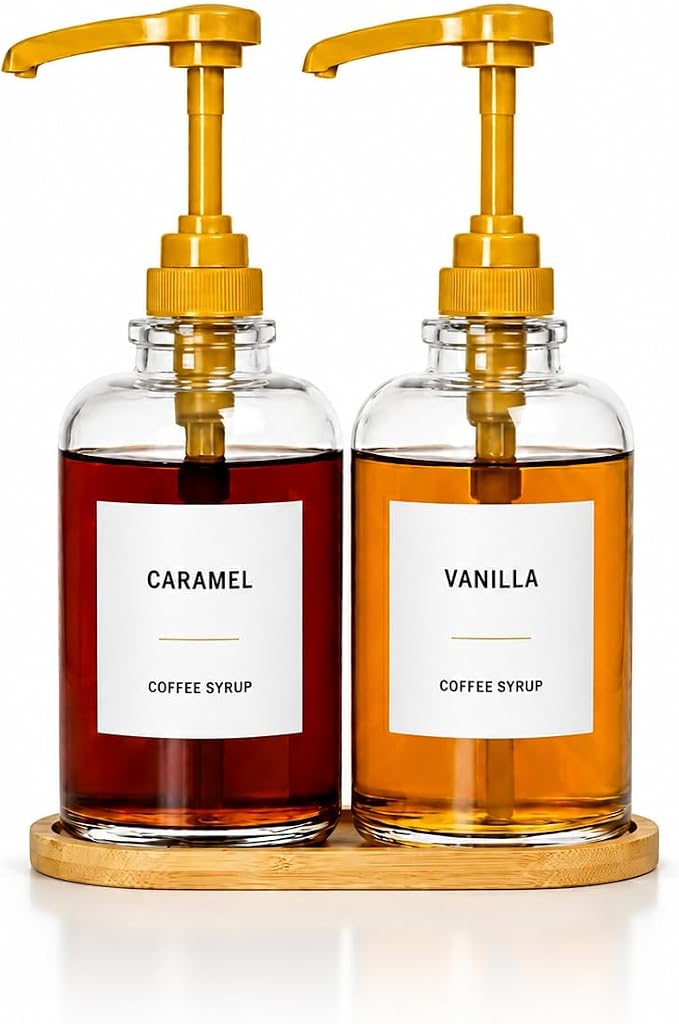 Coffee Syrup Dispenser with Tray, 2 Pack 16oz Glass Coffee Syrup Bottles with by SimplifySpaceSavorLife