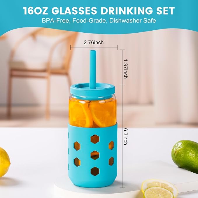 Mrsdry 16 oz Glass Cups With Lids and Straws, Cute Drinking Glasses Set - Image 6