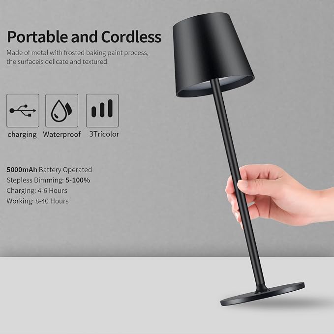 BGFHome Cordless Table Lamp LED Desk Lamp, 5000mAh Rechargeable Touch Night - Image 3