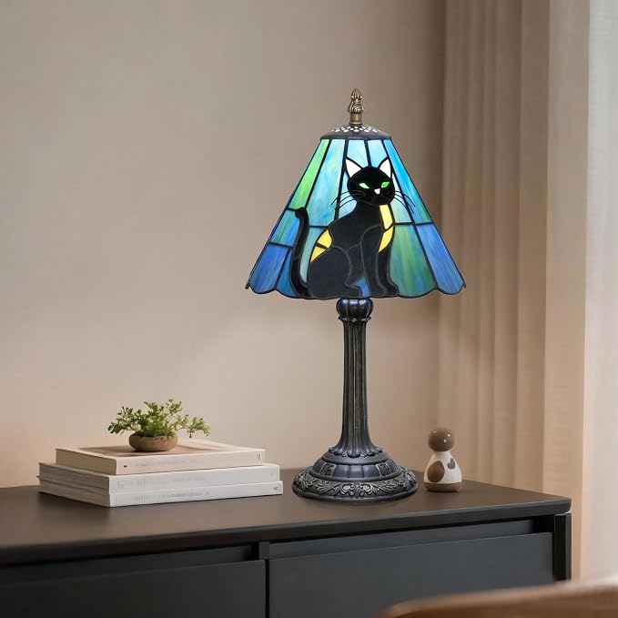 Tiffany Lamp Stained Glass Table Lamp 8X8X14 Inches Black Cat Style Living Room - Image 5