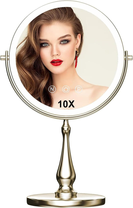 9 "Large Light Makeup Mirror, 1x / 10x True HD Magnifying Mirror, 3-Color Light dimmable, 2 Rechargeable Makeup Mirrors 360° Rotation, Standing Desk Makeup Mirror, Brush Nickel