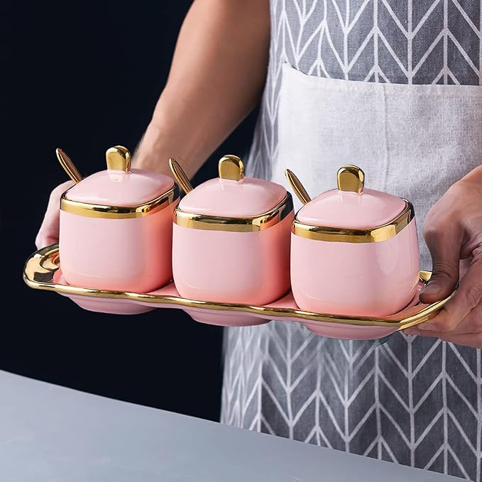 Pink Sugar Bowl with Lid and Spoon, Ceramic Condiment Jars Spice Container with - Image 7