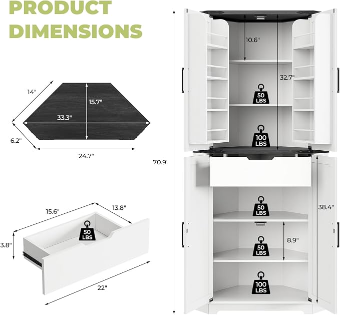 Dripex 71" White Corner Pantry Cabinet, Farmhouse Tall Storage Cabinet - Image 2